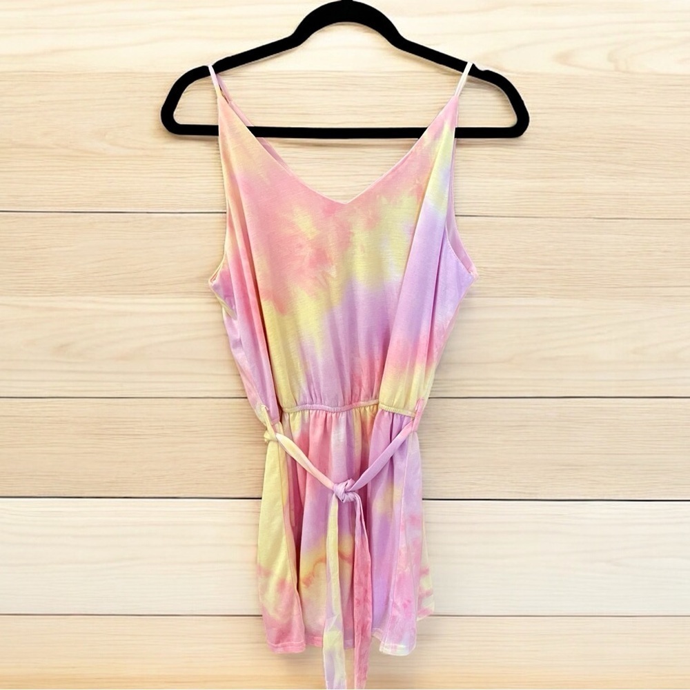 Sea + Sky Tied Dyed Knit Women’s Romper, Size L, Pink & Yellow, Spaghett… - Picture 2 of 9